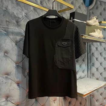 Незаменим Нова тениска с кръгло деколте за пролетта и лятото на 2023, мъжка Мода, Контрастни линии, цветове, Дишаща Черно, Високо качество