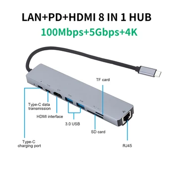 USB C Концентратор с RJ-45 1000 Mbps Lan 8 В 1 Тип C До 4 КЪМ HDMI Адаптер за SD/TF Card Reader PD Бързо Зареждане за Преносим компютър MacBook