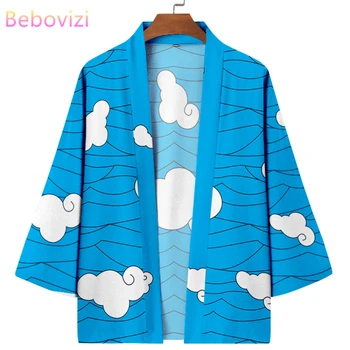 Японски стил, синя плажна юката с принтом облаци, дамско мъжко кимоно, жилетка харадзюку, традиционен самурайски cosplay, халат Хаори, дрехи