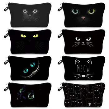 Пътна дамски косметичка, набор от тоалетни принадлежности, дамски чанти-организаторите за грим, скъпа чанта-молив, адаптивни принт черна котка от карикатура, Еко еднократна употреба