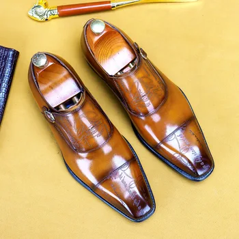 Оксфордские обувки с монашеским каишка, мъжки обувки са ръчна изработка от естествена кожа с катарама, мъжки модел обувки, официални сватбени офис мъжки обувки