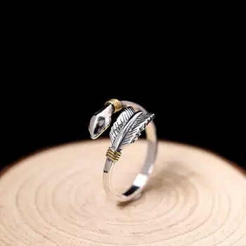 100% Твърди пръстени във формата на пера от сребро 925 проба за жени, прости модни вечерни подаръци в стил ретро, аксесоари