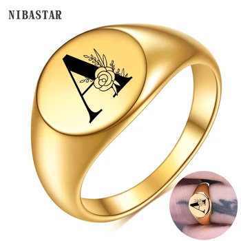 NIBASTAR Пръстен с гравирани с цветя и буква златен цвят, за жени, мъже, гладък пръстен с печаткой, модни бижута по поръчка от неръждаема стомана