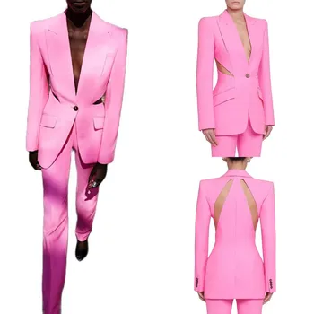 Секси кухи розово женски костюм, комплект от 2 теми, яке + панталон от висшата мода, всекидневни дизайнерски памук блейзър на една пуговице, палто в наличност