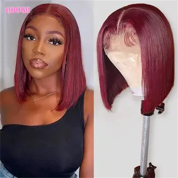 Бордо HD прозрачен кратък перука от човешки косъм, бразилски перука Реми 99J, червен, директен, 13x4, дантела пред перука за жени, червен цвят
