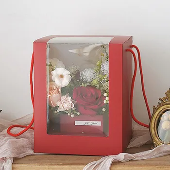 Кутии за опаковане на цветя Прозрачен Прозорец Прозрачен Квадратна Форма, Преносими Кутии За Опаковане на Подаръци Цветни Подаръчни Хартиени Кутии с Цветни Чанти