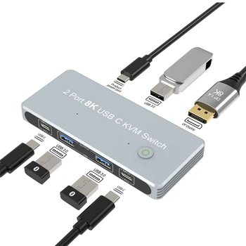 8K USB-C KVM switch DP1.4 2USB-C 2 ЕЛЕМЕНТА Вход 1 Изход DisplayPort 8K KVM 8K при 60 Hz 4K при 144 Hz 2 входа и 4 изхода с обща мишка, клавиатура, принтер