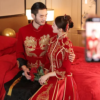 Елегантна бродерия на мъниста, с пискюли, традиционен китайски Чонсам, елегантен сватбен костюм за двойки, сватбената рокля на булката китайски дрехи