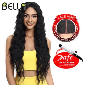 Дантелени перуки BELLA, синтетични перука с дълбока вълна къдрава синтетични косми на дантели, светла перука, розови 30-инчови перуки за cosplay черни жени