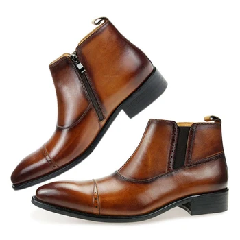 Луксозни мъжки кожени обувки Челси с цип, реколта модерен бизнес обувки за комуникация, стръмни обувки са ръчна изработка от естествена кожа по поръчка