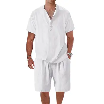 Мъжки свободна риза с къси панталони, комплект за спортни облекла от 2 теми, блузи с V-образно деколте и широки штанинами за лятото