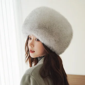 Модерен зимни непромокаемая кожа шапка, дамски луксозна защита на ушите от лисьего кожа, голяма кръгла капачка, градинска топло плюшен монголска шапка