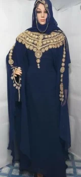 Moroccon Nave Синя рокля от жоржета в индийски стил Дубай Фараша, женствена рокля с дълги ръкави