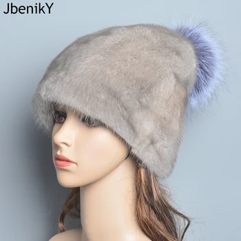Дамска шапка от естествена кожа на норка, топли зимни шапки с топки, луксозна черна коледна шапка, регулируем размер на главата 55-62 см