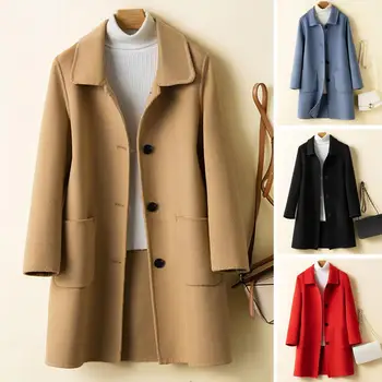 Вълнена палта с ревери, дълги ръкави, джобове, утолщенное топло дамско палто, есен-зима, на планк копчета, двустранен вълнена горна дреха