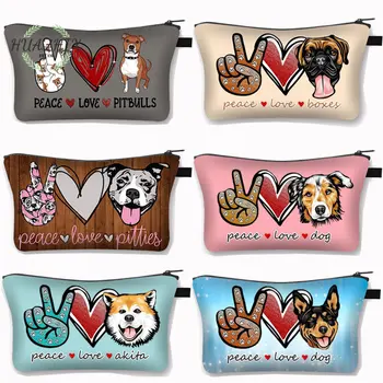 Косметичка Peace Love Dog за жени, косметичка за момичета, органайзер червило, чанта, малка дамска чанта, карикатура на Питбул Акита