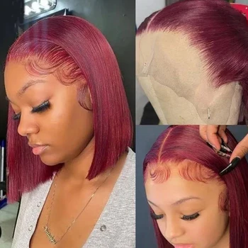 Бордо HD прозрачен кратък перука от човешки косъм, pima 99J, червен, директен, 13x6x1, перука, завързана отпред на жените, предварително выщипанный