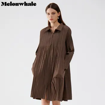 MelonWhale Кафява плиссированная яке с цип голям размер, всекидневни тренч, ново дамско палто с ревера и дълъг ръкав, мода Tide Пролет лято 2023