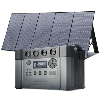 Слънчев генератор ALLPOWERS S2000 Pro със слънчев панел с мощност 400 W, 4 розетки на променлив ток с мощност 2400 W, преносим централа с мощност 2400 W за архивиране на дома на колела