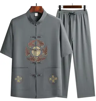 Костюм следа от традиционната китайска бродерия, кунг-фу, комплект дрехи с къс ръкав, летни мъжки