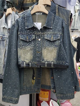 2023, есен нова градинска дрехи, кратко джинсовое палто с кристали, секси ретро син деним яке, дамски дънкови дрехи с дълъг ръкав