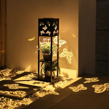 Мултифункционална поставка за саксия, слънчева светлина, външни непромокаеми соларни лампи за украса на градината, осветителни тела с куха дърворезба, осветление