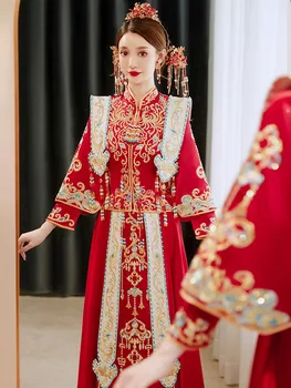 Китайската традиционна сватба облекло на булката с винтажным яка-часова, рокля с бродерия червен феникс, костюм Тан, топ, пола, костюм
