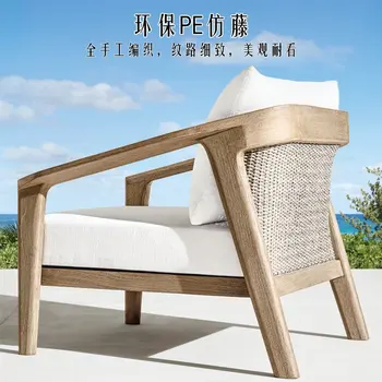 Диван от тиково дърво, изтъкан от лозя, за слънчевата стая, стол от масивно дърво за градини на открито, за дома, мебели, изработени от алуминиева сплав
