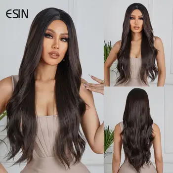 ESIN 2022 Синтетични тъмно-кафяви дълга къдрава къдрави перуки средната част, естествен перука за жени, ежедневното използване, cosplay, парти