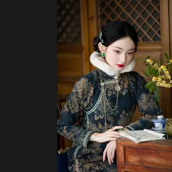 2 цвят Подобряване на рокля Чонсам в китайски стил, елегантни реколта дамски рокли Hanfu, памучен панталон с голяма яка и дълъг ръкав, 2 цвята