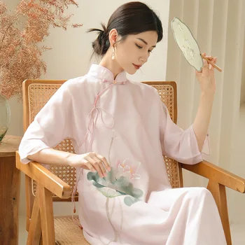 2023 Женски Чонсам, нов китайски стил, национален стил, ретро, шифоновое рокля с ръчно рисувани костюм от епохата на Тан, пола със средна дължина