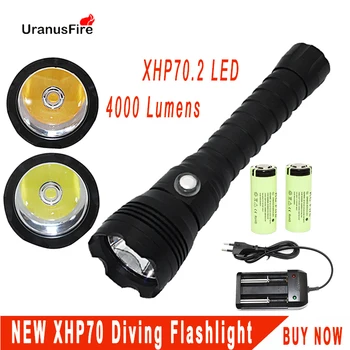 XHP70.2 Led Фенерче за Гмуркане Тактически 26650 Факел Жълто/Бяла Светлина 4000 Лумена Подводен 100 м Водоустойчив XHP70 лампа за гмуркане