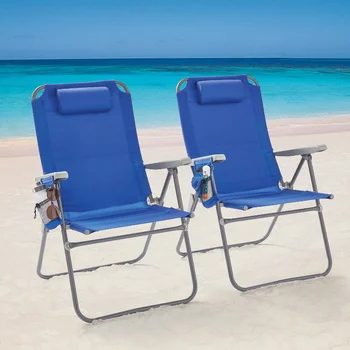 Шезлонг за плажа с флип от облегалката, 4-позиционен, 2 комплекта, синя градински мебели, градинска пейка