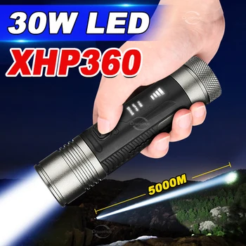 30 Watt LED Супер Ярък Фенерче Usb Акумулаторна XHP360 Мощен Факел Мащабируем Водоустойчив Фенер за Лов и Риболов на Работа
