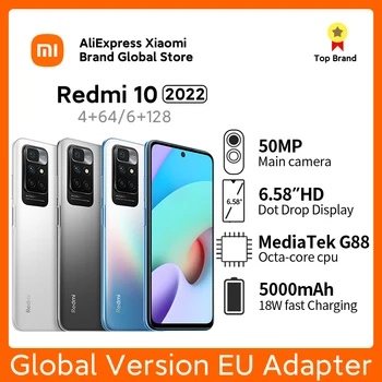 Xiaomi Redmi 10 2022 Глобалната Версия 4 + GB 128 GB Смартфон 50 Mp MediaTek Хелио G88 Восьмиядерный 90 Hz FHD Дисплей 5000 ма Мобилен Телефон