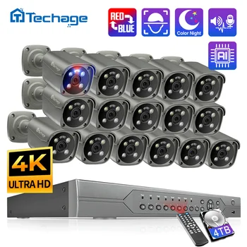 Techage H. 265 4K Ultra HD 16CH POE система за видеонаблюдение 8MP Smart AI пълноцветен система за нощно разпознаване на лица ВИДЕОНАБЛЮДЕНИЕ Комплект за видеонаблюдение