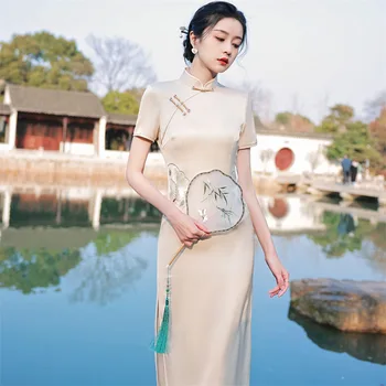 2022, лятна нова пола-Чонсам, млада фея, темперамент, с елегантна бродерия, подобряване на китайското традиционната рокля Ципао за жени