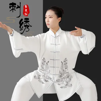Традиционни китайски костюми от епохата на Тан за жените, ежедневно бял памучен бельо форма с бродерия на кунг-фу с дълъг ръкав, широки дрехи Тайчи