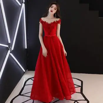 Апликация от червено цвете, облекло за сватбеното парти на булката рокля с открити рамене, сексуална превръзка на окото Ципао, мъниста, перли, дамски колан Чонсам, Vestidos