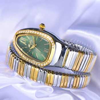 Нов дамски ръчен часовник със змийска глава, златни и сребърни часовници-гривни, женски зелен циферблат, муассанит, вечерни модни дамски кварцов часовник