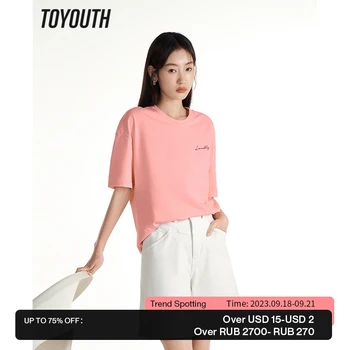 Toyouth/дамски тениска 2023, летни свободни тениски с кръгло деколте и къс ръкав, ежедневни универсални капаци оверсайз пет цвята с писмото принтом