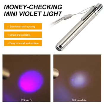 Мини UV фенерче Дръжка от неръждаема стомана с подсветка 395/365, лилаво лампа, джобна лампа, детектор на петна от урина, домашни любимци, лов на scorpions