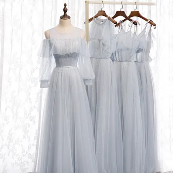 Сребърно дамско елегантно изискана рокля с аппликацией, темперамент, Винтажное банкет рокля, сладки мрежести рокли сватба за младоженци
