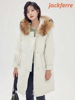 Jackferre Дамски naka яке Свободна удобна мода 2023 година, топли ветроупорен палто с качулка от естествена кожа, пуховик