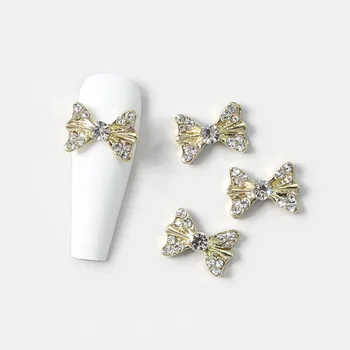Окачване за нокти с лък-пеперуда от 3D сплав, 10 бр., златисто-сребърни детайли с лък-възел, метални декорации за нокти, кристали и аксесоари за маникюр