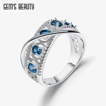 GEM'S BEAUTY Пръстен с естествен лондонския син топаз от скъпоценни камъни за жени, бижута от сребро 925 проба, за годеж, аеродинамична форма