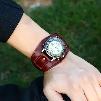 Реколта женски мъжки ръчен часовник с кръгла циферблат от изкуствена кожа в стил пънк, кварцов часовник гривна, необичайни ръчен часовник, гривна, дамски бижута, подарък