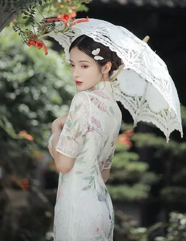2021 Традиционен Китайски Етнически Стил, Пролетно Пола-Чонсам С Бродерия, Лейси Мода За Момичета, Ретро, Модерни Рокля Ципао С Къс ръкав