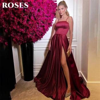 Рокля за бала трапецовидна форма с рози на спагети презрамки, бордовое обличам знаменитост, секси вечерна рокля с висока цепка, вечерна рокля 프롬 드레스