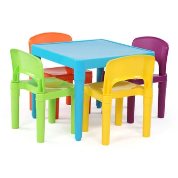 Комплект от лека пластмасова маса и 4 стола Humble Crew Kids, квадратни, синьо / оранжево / зелено /жълто / лилаво